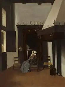Young Woman in an Interior by Jacob Vrel shows an older woman resting or sleeping in a box bed with the titular companion sitting beside her.