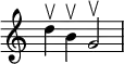 {
\override Score.TimeSignature
#'stencil = ##f
\relative c'' {
\time 4/4
d4 \upbow b \upbow g2 \upbow
} }