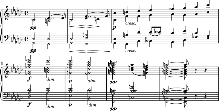 \relative c' {
\new PianoStaff <<
\new Staff <<
\new Voice = "first" {
\set Staff.midiInstrument = #"string ensemble 1" \set Score.tempoHideNote = ##t \tempo 4 = 40 \stemUp \clef treble \key ges \major \time 4/4
bes2 des4.. ^(des16) |
bes2 f'4.. ^(f16) |
bes4 c4 des4 es4 |
fes4 ges4 as4 ces4 |
fes2 es2 |
es2 des2 |
c2. g4 |
a2 ^~ a8 r8 r4 |
}
\new Voice = "second" {
\stemDown
bes,,2 \pp a2 |
bes2 \< des4 \! \> c4 \! |
bes4 \p f'4 _\markup \italic { "cresc." } f4 ges4 |
as4 ges4 as4 ces4 |
<fes, as fes' as des>2 \f <as es' c>2 _\markup \italic { "dim." } |
<g es' g bes>2 \p <f g des' g bes>2 _\markup \italic {"dim." } |
<f a c f a>2 \pp <c' e a>4 _(<g c e>4) |
<f a c f>2 _~ <f a c f>8 s8 s4 |
}
>>
\new Staff <<
\new Voice = "third" {
\set Staff.midiInstrument = #"string ensemble 1" \stemUp \clef bass \key ges \major \time 4/4
des,2 \pp des2 |
des2 \< <es a>2 \! \> |
<des>4 \! a'4 _\markup \italic { "cresc." } des4 des8(deses8) |
ces4 es4 ces4 ges4 |
des'2 \f es2 _\markup \italic { "dim." } |
<es bes>2 \p bes2 _\markup \italic { "dim." } |
c2 \pp <bes c g'>2 |
<a c>2 ^~ <a c>8 r8 r4 |
}
\new Voice = "fourth" {
\stemDown \clef bass \key ges \major \time 4/4
ges,2 f2 |
ges2 f2 |
ges4 f4 bes4 beses4 |
as4 ces4 fes4 es4 |
<des as'>2 <as as'>2 |
es'2 <bes des'>2 |
<f f'>2 <c' bes'>2 |
<c f,>2 _~ <c f,>8 s8 s4 |
}
>>
>>
}
