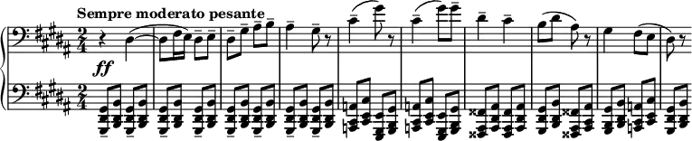 {\new PianoStaff <<
\new Staff \relative c'
{\clef bass \key gis\minor \set Score.tempoHideNote=##t \time 2/4 \tempo "Sempre moderato pesante"4=46 \override DynamicLineSpanner.staff-padding = #2.5 r4_\ff dis,4 ~(dis8 fis16 e16) dis8-- e8-- dis8-- gis8-- ais8-- b8-- ais4-- gis8-- r8 cis4-- (gis'8) r8 cis,4-- (gis'8) gis8-- dis4-- cis4-- b8 (dis8 ais8) r8 gis4 fis8 (e8 dis8) r8}
\new Staff \relative c{\clef bass \time 2/4 \key gis\minor
\repeat unfold 8{<gis, dis' gis>8-- <b dis b'>8}
\repeat unfold 2 {<a cis a'>8 <cis e cis'>8 <e, gis e'>8 <gis b gis'>8} <fisis ais fisis'>8 <ais dis ais'>8 <fisis ais fisis'>8 <ais dis ais'>8 <gis dis' gis>8 <b dis b'>8 <fisis ais fisis'>8 <ais cis ais'>8
<gis b gis'>8 <b dis b'>8 <a cis a'>8 <cis e cis'>8 <gis dis' gis>8 <b dis b'>8}
>>}