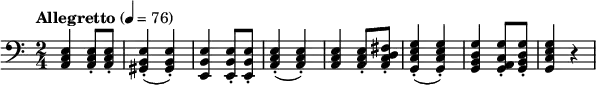 \new Score {
\new Staff {
\relative c {
\set Staff.midiInstrument = #"cello"
\time 2/4
\key a \minor
\clef bass
\tempo "Allegretto" 4 = 76
<a c e>4 q8-. q-.
<gis b e>4-.(q-.)
<e b' e> q8-. q-.
<a c e>4-.(q-.)
<a c e>4 q8-. <a c d fis>-.
<g c e g>4-.(q-.)
<g b d g>4 <g a c g'>8-. <g b d g>-.
<g c e g>4 r4
}
}
}