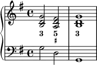 {
\new PianoStaff <<
\new Staff <<
\new Voice \relative c'' {
\stemUp \clef treble \key g \major \time 4/4 \tempo 2 = 60 \set Score.tempoHideNote = ##t
<b, d g>2 <a d fis> <b d g>1
}
\new FiguredBass {
\figuremode {
<3>2 <5 _+> <3>1
}
}
>>
\new Staff <<
\new Voice \relative c' {
\stemDown \clef bass \key g \major \time 4/4
g2 d g,1
}
>>
>> }