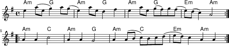 <<
\new ChordNames \chordmode {
\set chordChanges = ##t
a2:m g |%1
a2:m g |%2
a2:m g |%3
e2:m a:m |%4
a2:m c |%5
a2:m g |%6
a2:m c |%7
e2:m a:m |%8
}
\new Staff \relative c''{
\key a \dorian
\time 4/4
\repeat volta 2
{
e4 a8( e g4) a8 g(
e4) a8 e d4 fis
e4 a8 e g( fis) g fis(
e8) d( c4) a2
}
\break
\repeat volta 2
{
a4 a c2
a4 a g2
a4 a8( b c) b c d(
e8 d) c4 a a
}
}
>>
