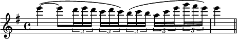 \relative c'''{
\set Staff.midiInstrument = #"violin"
\set Score.tempoHideNote = ##t
\tempo 4 = 60
\clef treble
\key g \major
\time 4/4
e4(~ e8 \times 2/3 { d16 e d } \times 2/3 { c d \set stemRightBeamCount = #1 c) } \set stemLeftBeamCount = #1 \times 2/3 { b( c b } \times 2/3 { a c \set stemRightBeamCount = #1 e } \set stemLeftBeamCount = #1 \times 2/3 { g fis e) } e4( \bar "||"
}