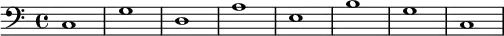 {
\new Staff <<
\new Voice \relative c' {
\stemDown \clef bass \key c \major \time 4/4 \tempo 1 = 60 \set Score.tempoHideNote = ##t
c,1 g' d a' e b' g c,
}
>>
}
