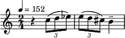 \relative c'' { \set Staff.midiInstrument = #"violin"
\tempo 4 = 152
\key c \major
\time 2/4
r4
\tuplet 3/2 { c8( d es) }
\tuplet 3/2 { e8( d cis) } b4--
}